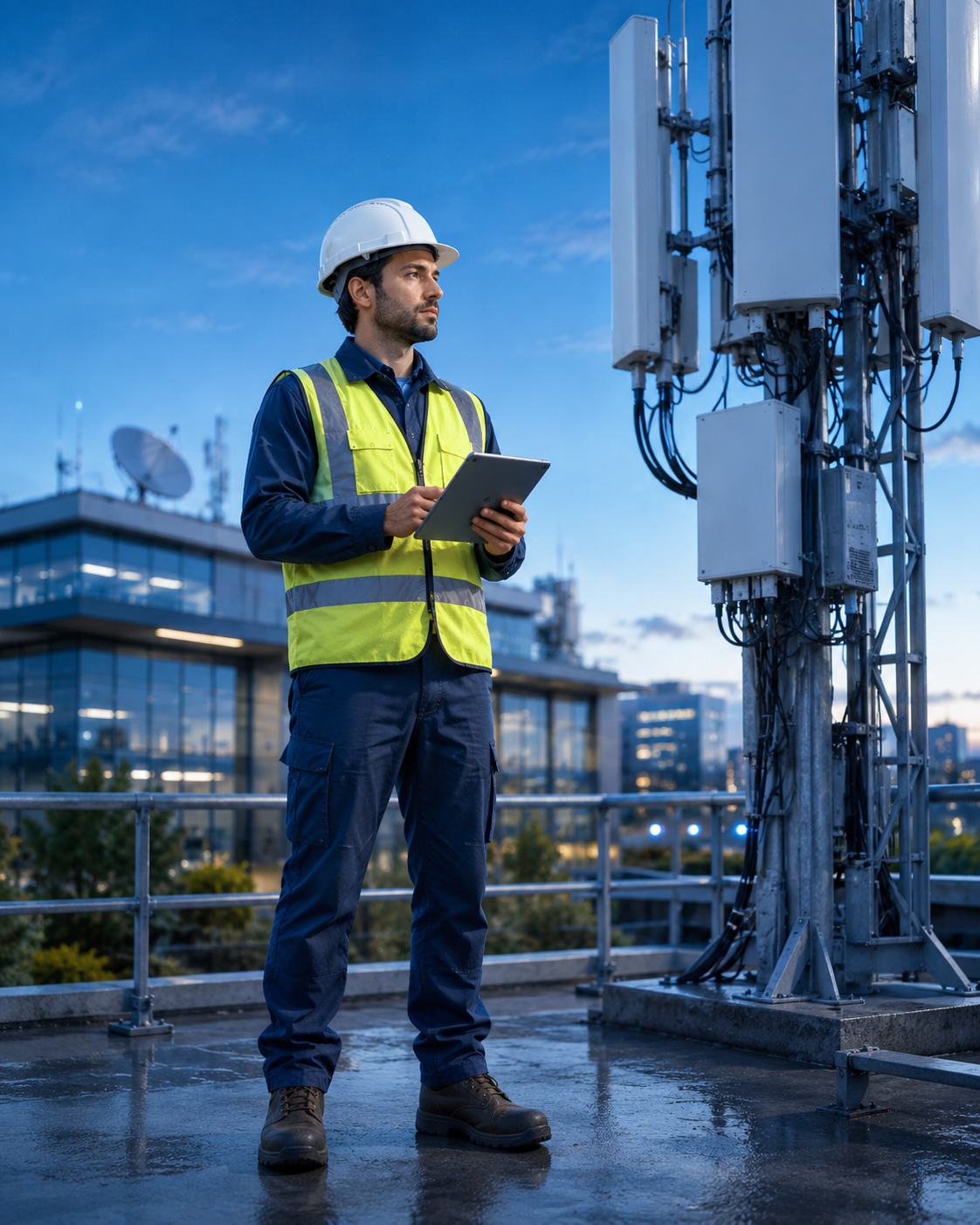 Technician in a safety vest working beside telecommunications infrastructure.