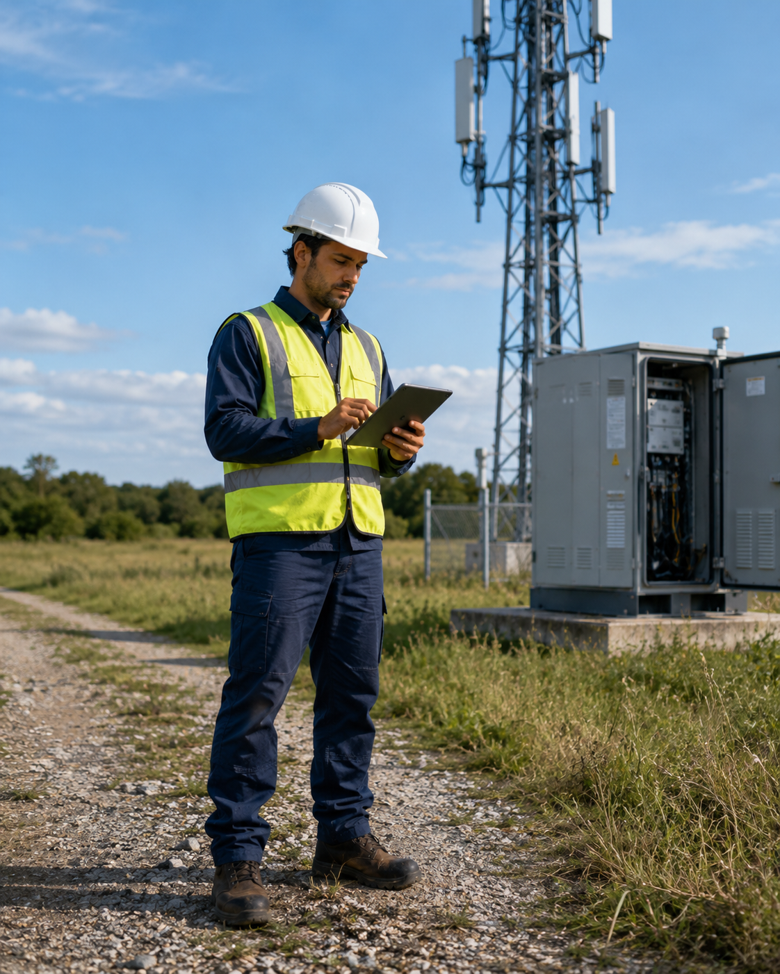 Worker wearing safety gear inspecting communications equipment at an outdoor utility site.